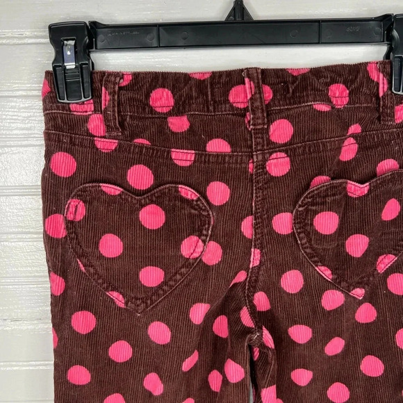 Mini Boden Girls Brown Pink Polka Dot Corduroy Pants Size 9 Heart Pockets - Picture 6 of 10